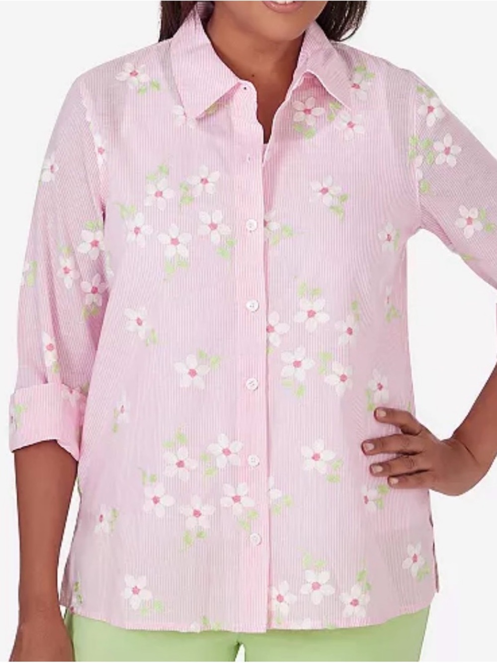 Alfred Dunner Light Pink Floral Stripe Button-Down Shirt